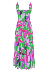 Detail of emerald green floral maxi dress with smocked bodice and bow shoulder straps