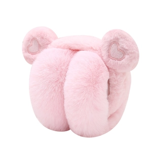 Pink plush winter earmuffs with cute bear ears and heart embroidery for girls