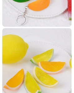 Macro detail of realistic PVC lemon slices with lifelike texture for keychain decor