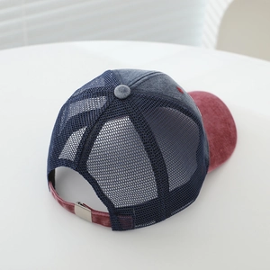 Kids breathable mesh baseball cap with red brim and adjustable metal buckle back view