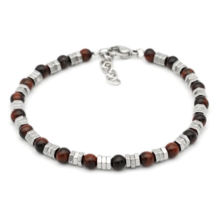 Men's beaded bracelet with red tiger eye stones and silver metal accents on white backdrop