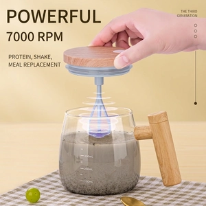 Electric automatic stirring glass coffee mug with wood grain handle and 400ml capacity