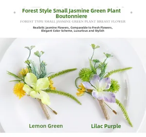 Detailed close-up of artificial forest-style boutonnieres in lemon green and lilac purple