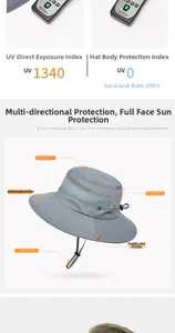 Detail of grey outdoor fishing hat with 8.5cm wide brim and breathable side mesh panels