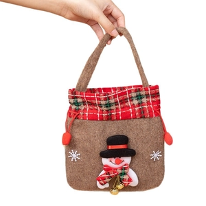 Brown felt Christmas gift bag with snowman applique, tartan trim and gold bell details