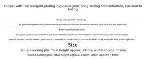 Detailed size specifications for 14K gold plated geometric square and round earring studs