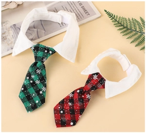 Close-up of plaid pet ties with white snowflake patterns and elegant shirt collars