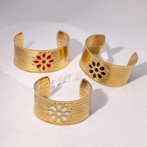 Open Cuff Bracelet Stainless Steel Gold Plated Enamel Flower Sun Symbol Bohemian Niche Luxury Jewelry For Women