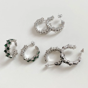 Luxury C-shaped stainless steel earrings with double row cubic zirconia in three colors