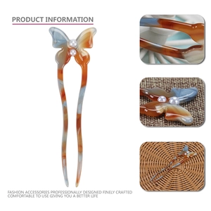Elegant U-shaped acetate hair pin with blue-brown marbled butterfly and pearls