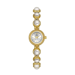 Elegant gold quartz watch for women with pearl-embedded bracelet and white dial BS Bee Sister
