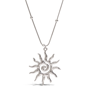 Detail of silver sun pendant with spiral center and textured hammer finish on snake chain