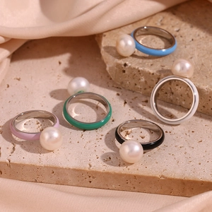 Minimalist Stainless Steel Enamel Artificial Pearl Ring Colorful Geometric Jewelry For Women Fashion Commuting Accessory