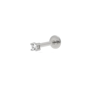 Macro detail of S925 sterling silver flat back stud earring with four-prong zircon setting