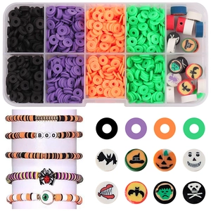 Macro detail of Halloween DIY jewelry set with bat pumpkin ghost beads and clay discs