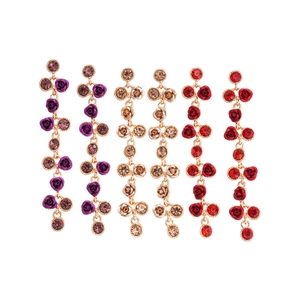Boucles d'oreilles fleurs élégantes avec pompons et strass en violet, champagne et rouge