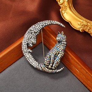 Detailed view of crescent moon and cat brooch with sparkling rhinestones on silk