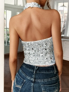 Elegantes silbernes Pailletten-Halter-Top mit passendem Halsband für Damen Party-Mode