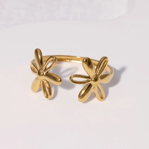Bague ouverte réglable en acier inoxydable doré avec un double motif de fleur marguerite