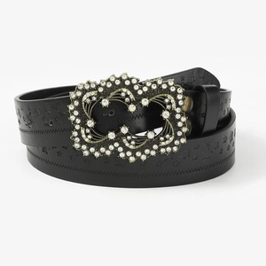 Retro punk black leather belt with heart rhinestone buckle and embossed star patterns