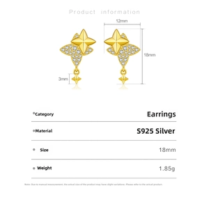 Detail view of gold S925 silver star earrings with size dimensions and specifications