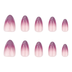 Short almond press-on nails with purple gradient and silver glitter accents