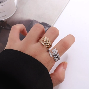 Olive Leaf Adjustable Open Ring Copper 18K Gold Plated Micro Pave Cubic Zirconia Elegant Fashion Jewelry