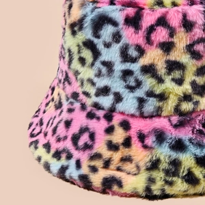 Colorful faux fur bucket hat with leopard print and plush fleece for winter warmth
