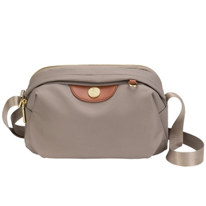Gray nylon crossbody bag with brown leather trim and golden metal magnetic buckle