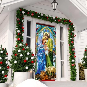Christmas Door Banner Polyester Stained Glass Style Holy Family Angel Print Outdoor Indoor Yard Home Gate Decoration