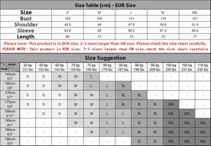 Detailed European size chart for men's V-neck knit cardigan with measurements in centimeters