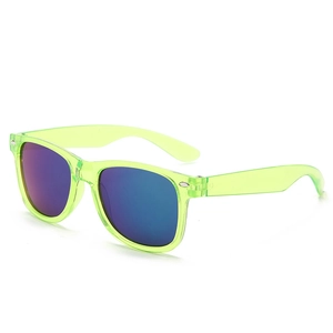 Detail of neon green transparent frame and purple gradient mirror lens sunglasses