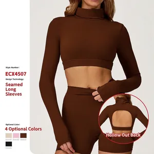 Damen Gebürstet Langarm Yoga Top Ausschnitt am Rücken Eng anliegend Stehkragen Kurz Geschnitten Sport T-Shirt Laufen Fitness Oberteil