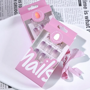 Short square purple gradient press-on nails with 3D flower and rhinestone details