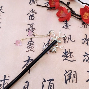 Elegant Chinese vintage wood hair pin with pink peach blossoms and silver butterfly tassels