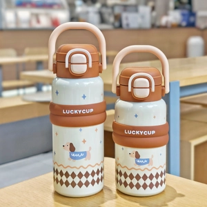 Detailed comparison of cute cartoon vacuum insulated water cups in two sizes and colors