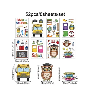 Cartoon Back to School wall sticker set with school bus and owls, 52pcs 8 sheet pack