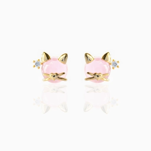 Pink cat ear studs with 18K gold plating and colorful zircons on white background