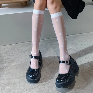 Sheer white calf-high socks with heart pattern paired with black platform Mary Janes