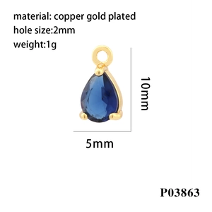 Blue cubic zirconia teardrop charm with gold plating and detailed product dimensions