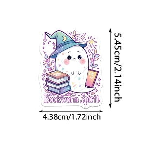 Macro shot of Gothic Bookish Ghost sticker with Bookworm Spirit text and pastel colors