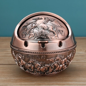 Retro bronze metal horse ashtray with lid, featuring embossed Chinese success symbols