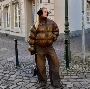 Deep brown glossy puffer jacket with high collar shown in a stylish street fashion view