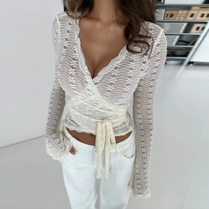 Damen Spitzenbluse Top Durchbrochen Sexy V Ausschnitt Lange Glockenärmel Wickeloberteil Elegant Blumig Cardigan