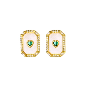 Elegant 18K gold plated earrings with white mother-of-pearl and green heart zirconia