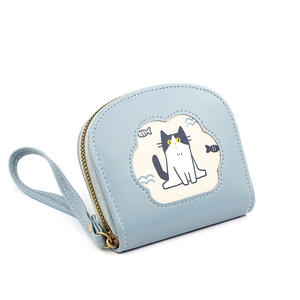 Blue PU leather short wallet with cute cartoon cat print and zipper closure