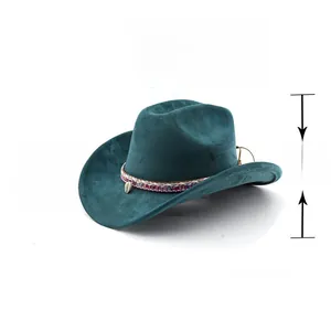 Detail of dark teal faux suede cowboy hat with braided ethnic band and shell charm