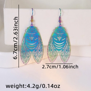 Iridescent cicada earrings with hollow wings and measurements 6.7cm height and 2.7cm width