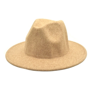 Detailed macro view of the camel wool felt texture on this wide-brim fedora jazz hat