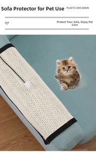 Close-up of sisal scratching mat for sofa protection with a hanging toy ball